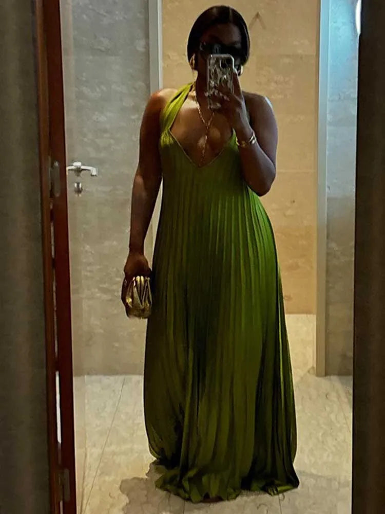 Pleated Hollow Out Halter Neck Long Dress