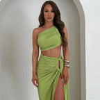 Solid Oblique Shoulder Wrapped Slit High Waist Two Piece Skirt Set