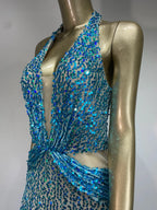 Halter Blue Sequins Sparkly Glitter Maxi Dress