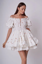 Print Puff Sleeve Ruffles Lace - up Mini Dress