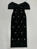 Off Shoulder Black Pleated Sleeves Crystal Dress