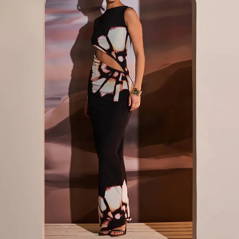 Hollow Sleeveless Oneck Floral Dress