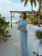 Pleated Stand Neck Blue Maxi Dress