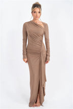 Long Sleeve Ruched Maxi Dress with Thigh - High Split