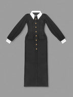 Lapel Mesh Patchwork Button Black Long Dress