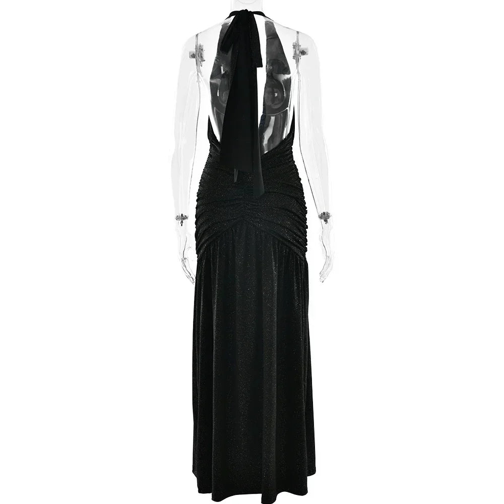 Glitter Bright Silk High Slit Halter Dress