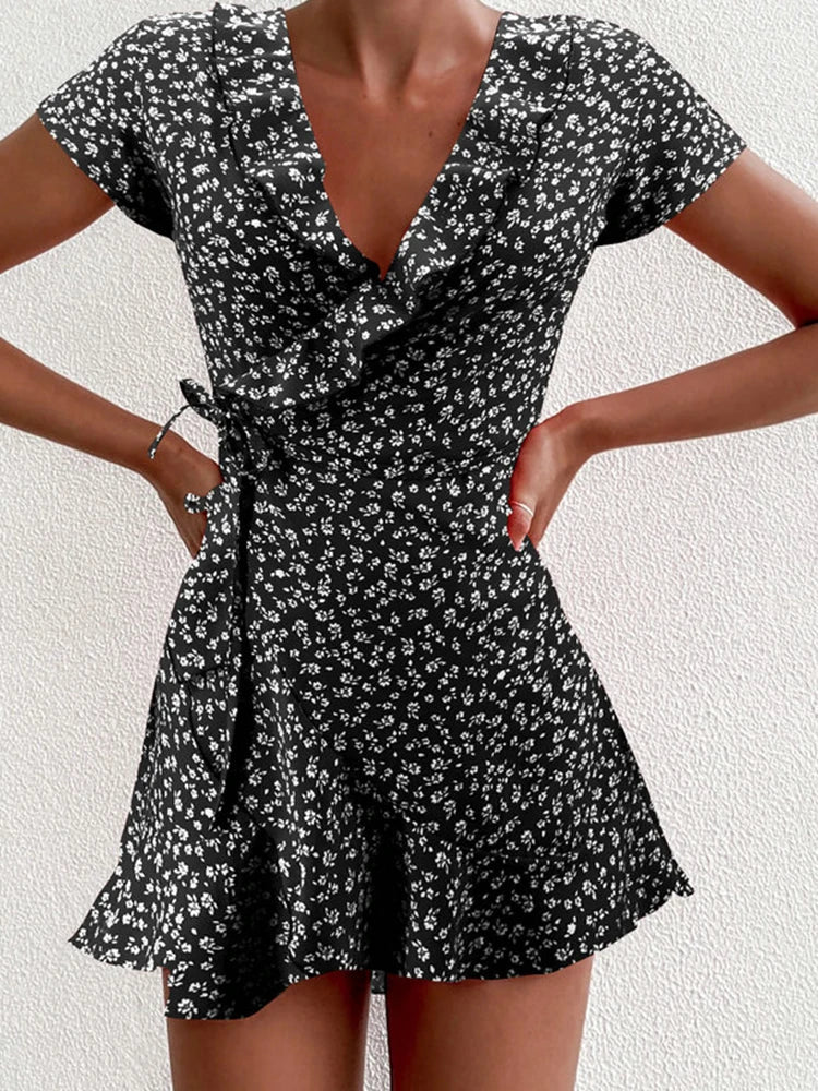 Julia Statement Floral Mini Dress with V Neck and a Line Design Boutique Collection