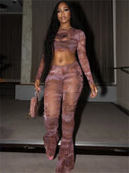 Print Mesh Flared Two Piece Pants Set