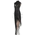 Mesh Lace Ruffled Black Hollow Out Long Dress