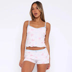 Contrast Printed Bow Crop Tank Top Two Piece Shorts Set