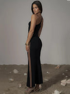 Black Mesh Patchwork One Shoulder Maxi Dress