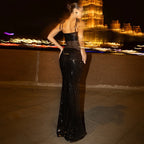 Sheer Mesh Spaghetti Strap Glitter Long Dress