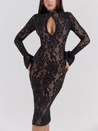 V - Neck Hollow Out Long Sleeve Black Lace Maxi Dress