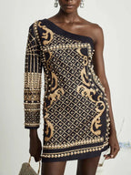 Printed Diagonal Neck Off One - Shoulder Patchwork Bead Dress