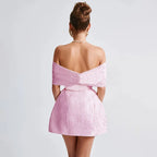 Bow Off Shoulder Backless A - line Jacquard Party Dress