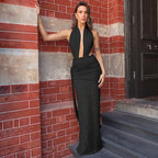 Halter Deep V Neck Lace Sleeveless Long Dress