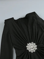 Deep V Neck Black Rhinestone Floor Long Dress