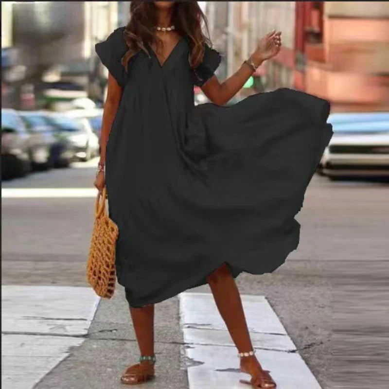 Cotton Linen Oversize Loose Vneck Boho Dress