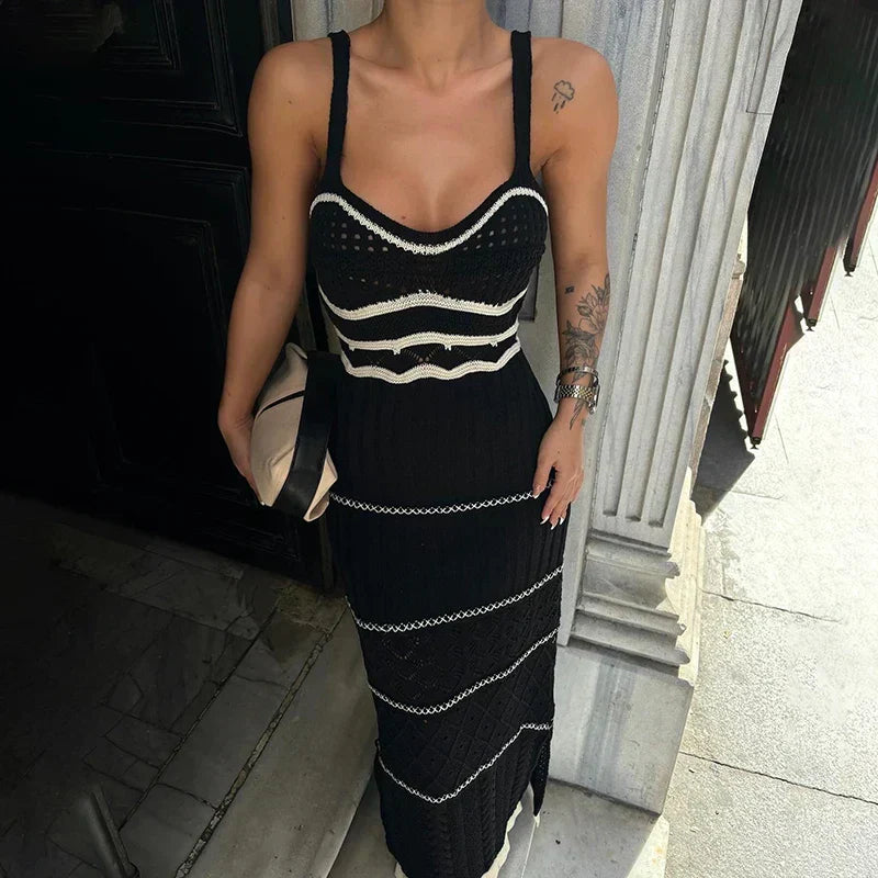 High Street U Neck Striped Knit Dresses Ladies Sexy Hollow Out Spaghetti Tank Long Dress Fashion Women Slit Bodycon Party Dress