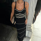 High Street U Neck Striped Knit Dresses Ladies Sexy Hollow Out Spaghetti Tank Long Dress Fashion Women Slit Bodycon Party Dress