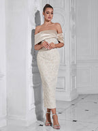 Slash Neck Embossed Flower Beige Dress