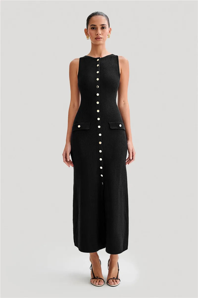 Knit Maxi Dress with Pockets Button - Front