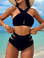 Solid Halter Neck Matching Two Piece Swim Sets