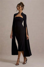 Cape Long Sleeve Square Collar Midi Dress