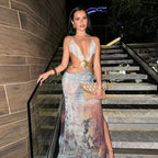 Backless Split Abstract Printed Mesh Sheer Dress