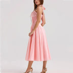 Corset Style Bow Halter Spliced Lace Midi Dress
