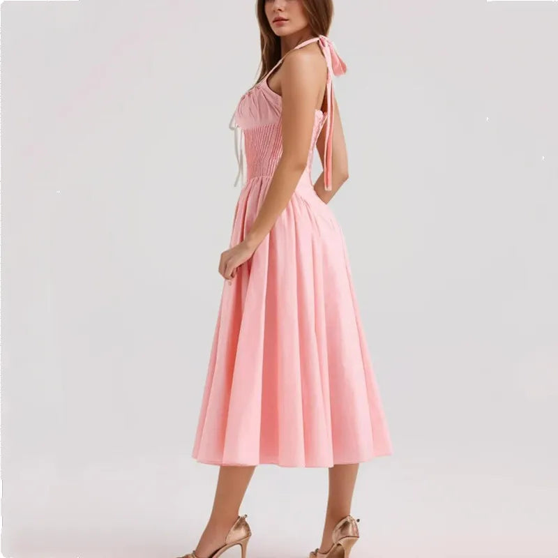 Corset Style Bow Halter Spliced Lace Midi Dress
