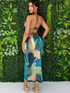 Tie Dye Backless Cross Midi Dress