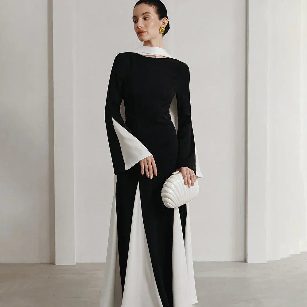 Ribbon Patchwork Pleated Long Dress