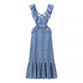Blue Hollow Out Embroidered Midi Dress Women Summer V Neck Sleeveless Ruffle Long Dresses Elegant Fashion Holiday Vestidos