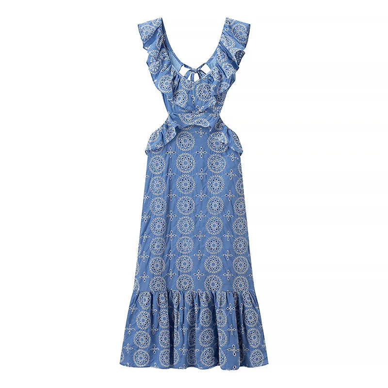 Blue Hollow Out Embroidered Midi Dress Women Summer V Neck Sleeveless Ruffle Long Dresses Elegant Fashion Holiday Vestidos