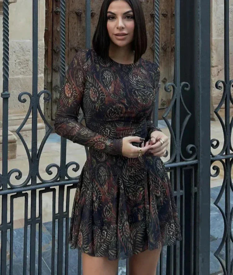 Pleated Long Sleeves Tulle Mini Dress