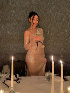 Mesh Sequin 3D Flower Long Sleeve Bodycon Maxi Dress