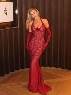 Flower Mermaid Burgundy Maxi Lace Dress