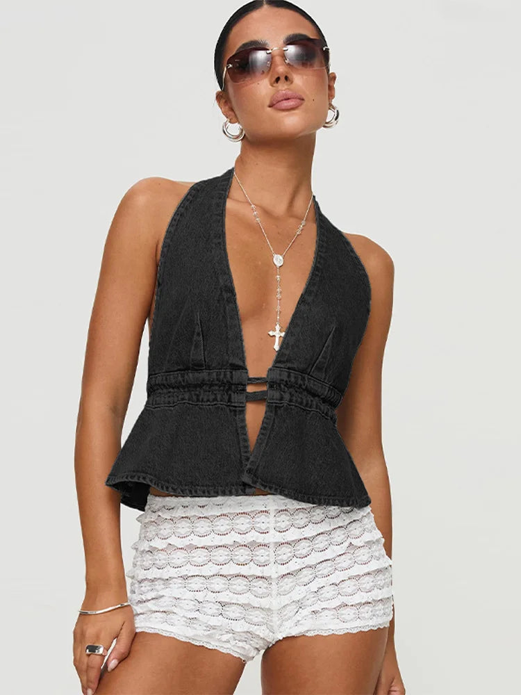 Denim Deep Vneck Backless Halter Laceup Cami Top