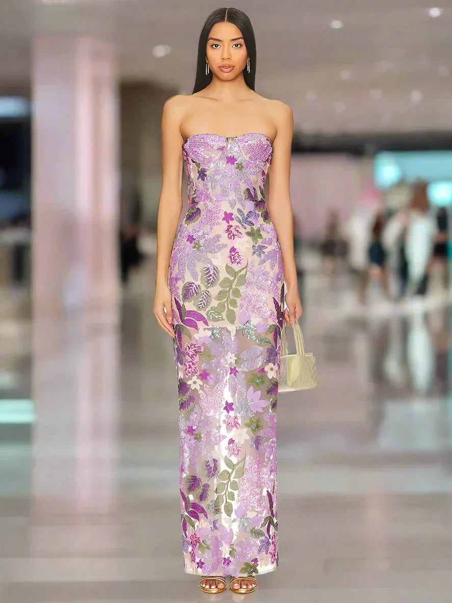 Sequin Floral - Embellished Lavender Strapless Dress