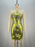Sleeveless Mesh Sequins Butterfly Mini Dress