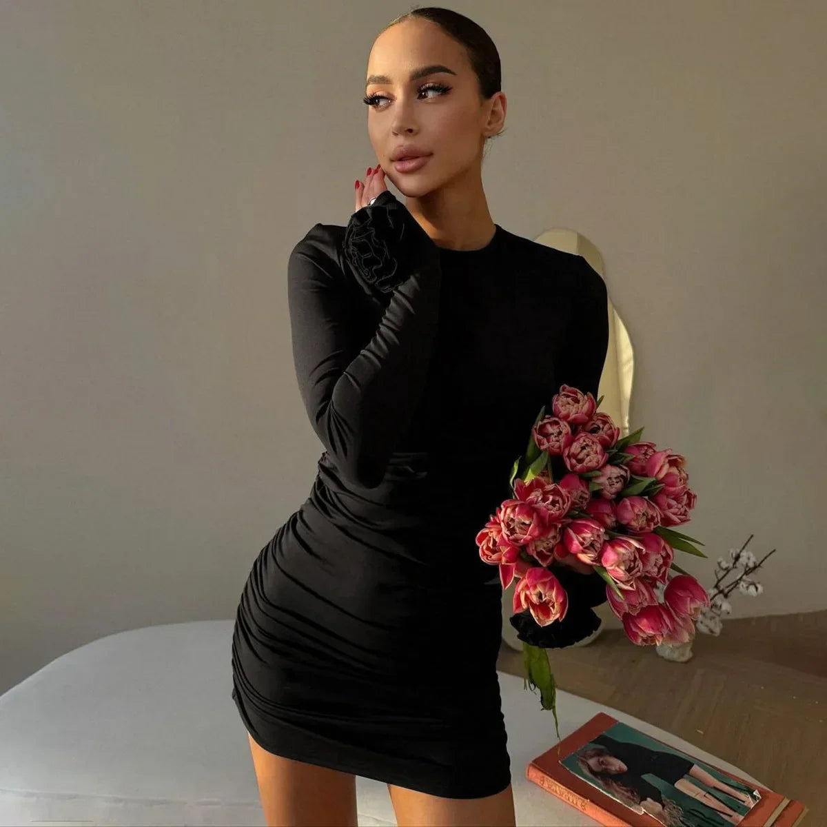 Floral Long Sleeve ONeck Ruched Bodycon Work Dress