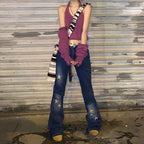 DressBetty - Star Printed Streetwear Vintage Low Waist Pockets Blue Denim Skinny Flare Jeans