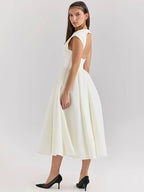 White Backless Solid Hollow Out Pleated Dress