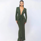 Elastic Deep V - Fold Lace Maxi Dress