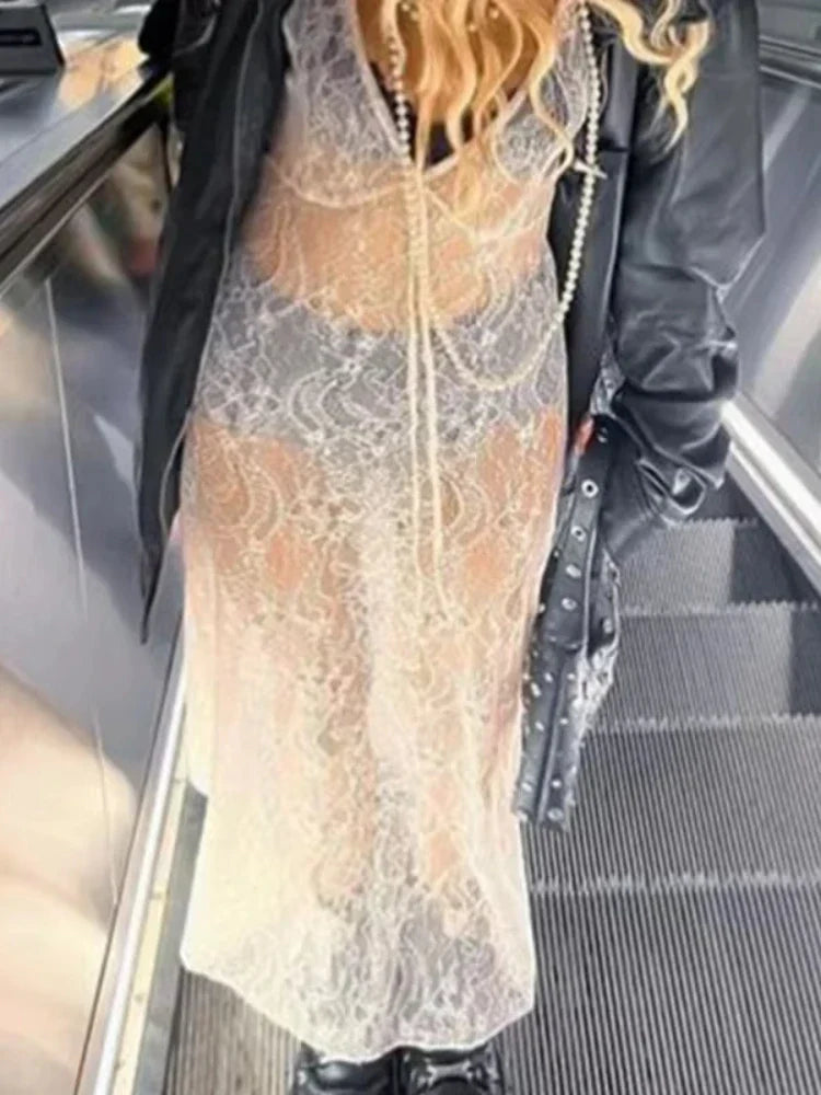 Floral Sheer VNeck Streetwear Lace Dress
