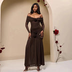 3D Flower - appliqué Mesh Long Sleeve Fishtail Maxi Dress