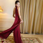 Satin Backless Halter Ribbon Black Maxi Dress