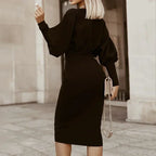 Lantern Sleeve O-Neck Solid Midi Autumn Office Work Dress