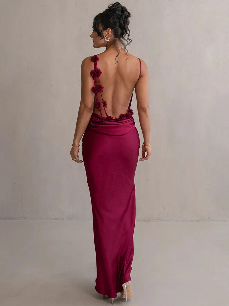 Floral Draped Backless Maxi Silk Dress